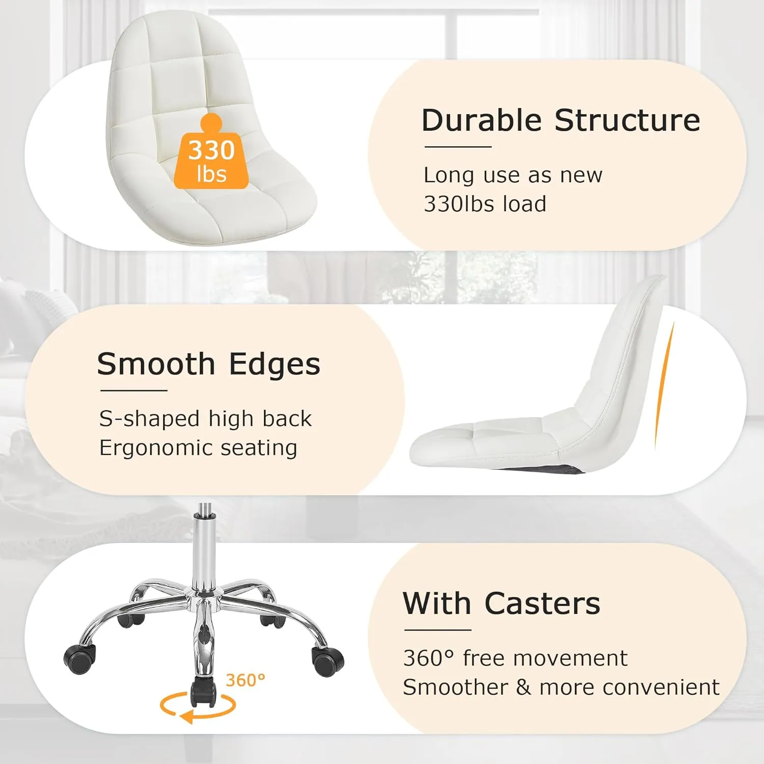 VECELO Armless Home Office Desk Chair, Height Adjustable, PU Leather 360 Degree Swivel with Wheels, Stylish Casual Vanity Seat for Study, Work, Makeup, Leisure, Weight up to 330 Lbs, White