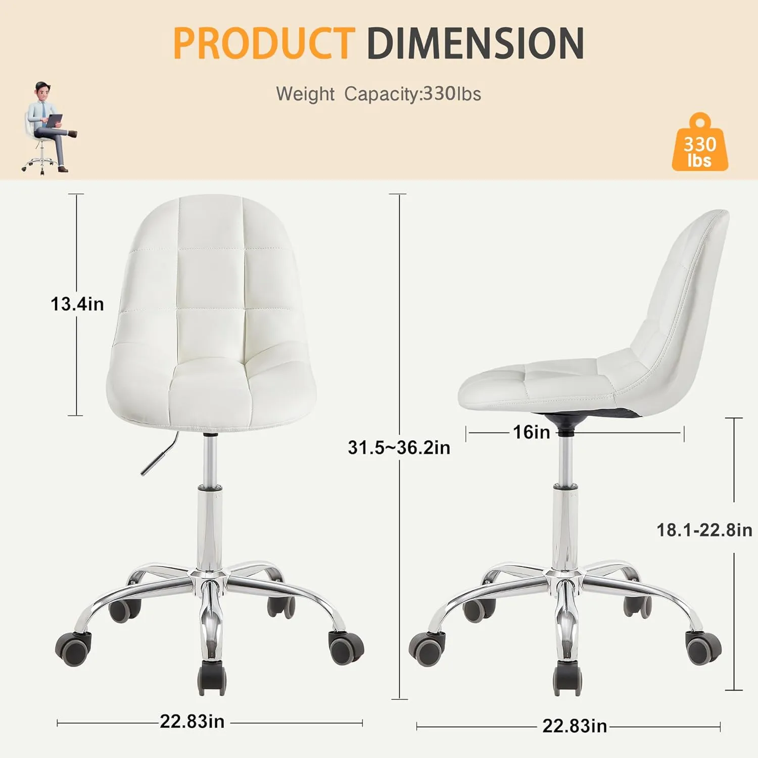 VECELO Armless Home Office Desk Chair, Height Adjustable, PU Leather 360 Degree Swivel with Wheels, Stylish Casual Vanity Seat for Study, Work, Makeup, Leisure, Weight up to 330 Lbs, White