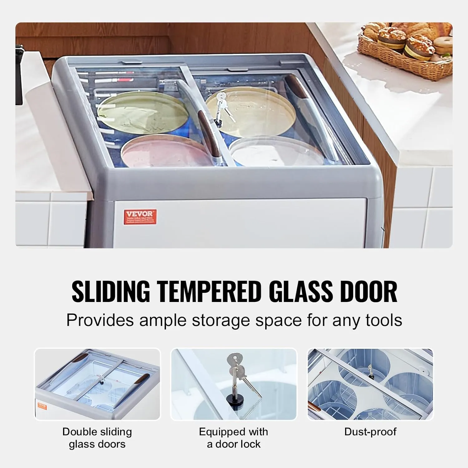 VEVOR Commercial Ice Cream Display Case, 5.6 Cu.ft Chest Freezer, Mobile Glass Top Deep Freezer, Restaurant Gelato Dipping Cabinet, 2 Sliding Glass Doors, Locking Casters, White