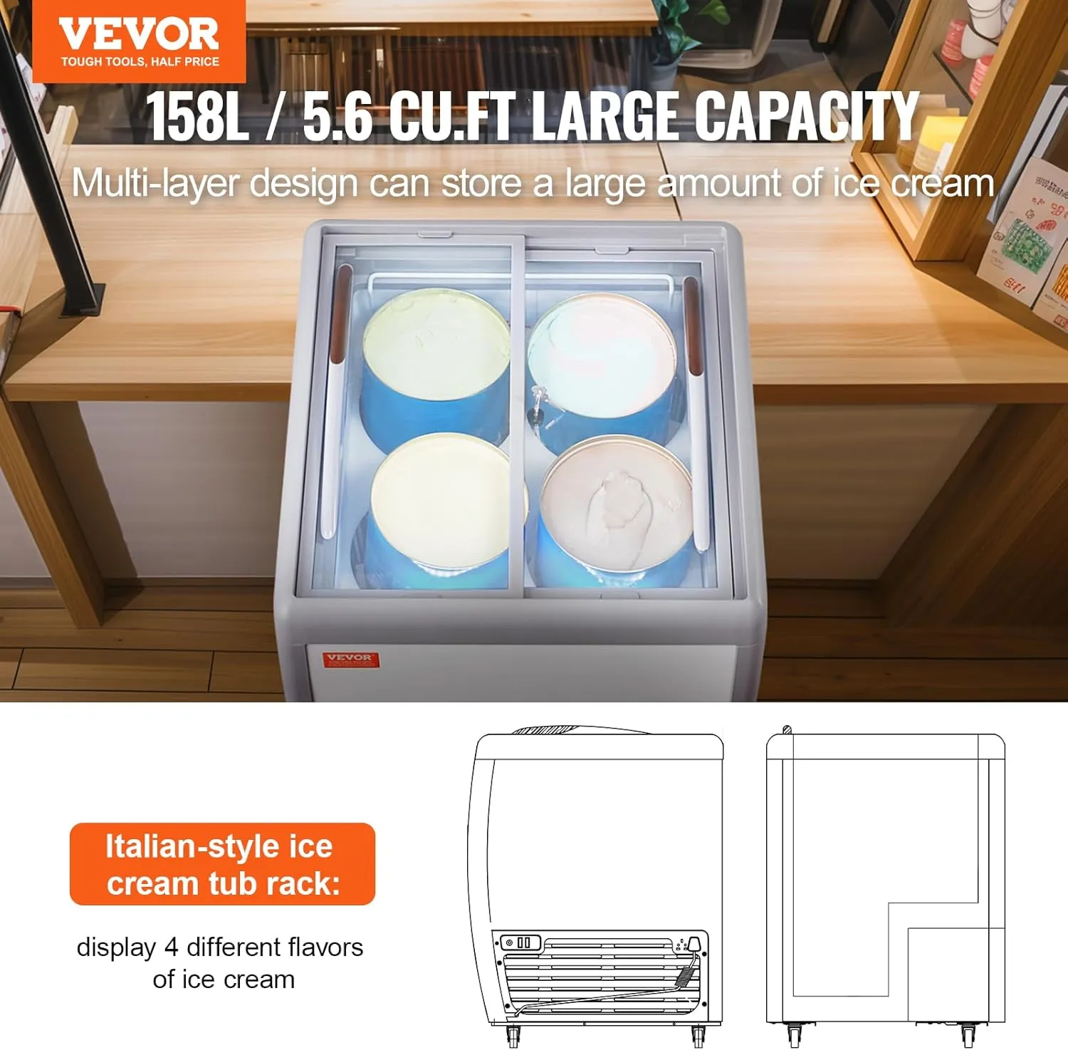 VEVOR Commercial Ice Cream Display Case, 5.6 Cu.ft Chest Freezer, Mobile Glass Top Deep Freezer, Restaurant Gelato Dipping Cabinet, 2 Sliding Glass Doors, Locking Casters, White