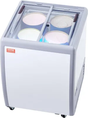 VEVOR Commercial Ice Cream Display Case, 5.6 Cu.ft Chest Freezer, Mobile Glass Top Deep Freezer, Restaurant Gelato Dipping Cabinet, 2 Sliding Glass Doors, Locking Casters, White