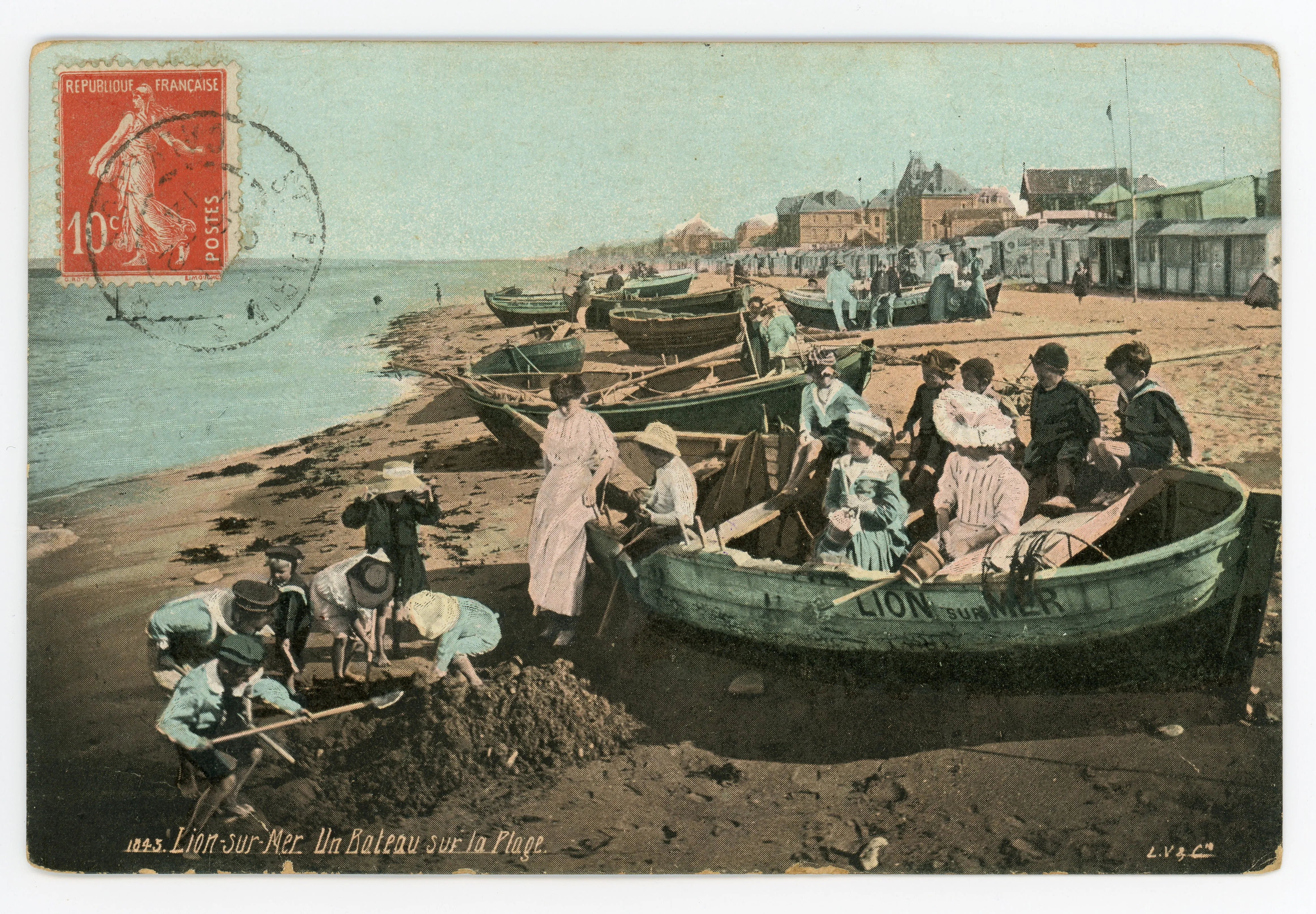 Vintage Wall Art Canvas - Lion-sur-Mer: Boat on the Beach (Mailed 02-25-1914)