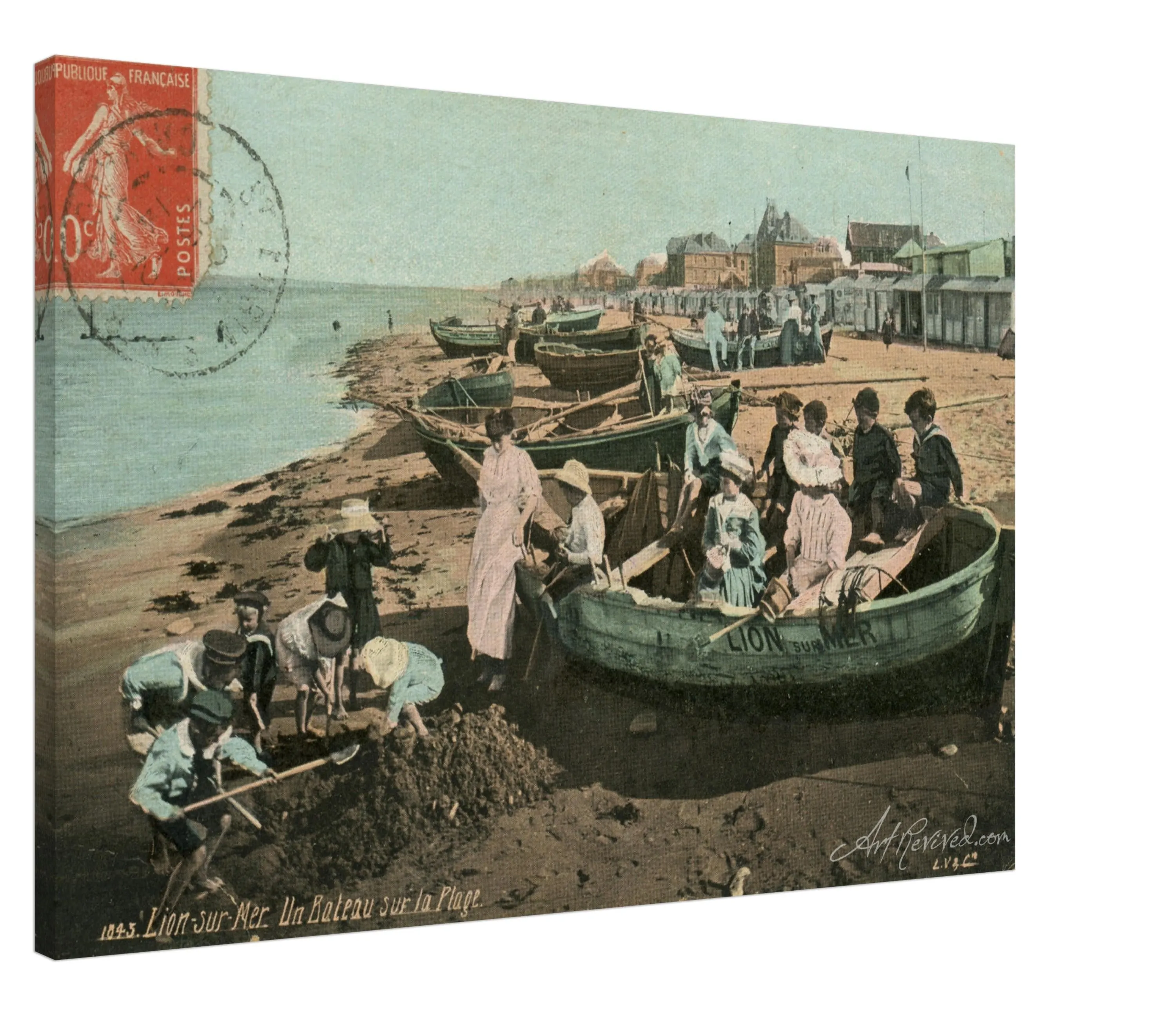Vintage Wall Art Canvas - Lion-sur-Mer: Boat on the Beach (Mailed 02-25-1914)