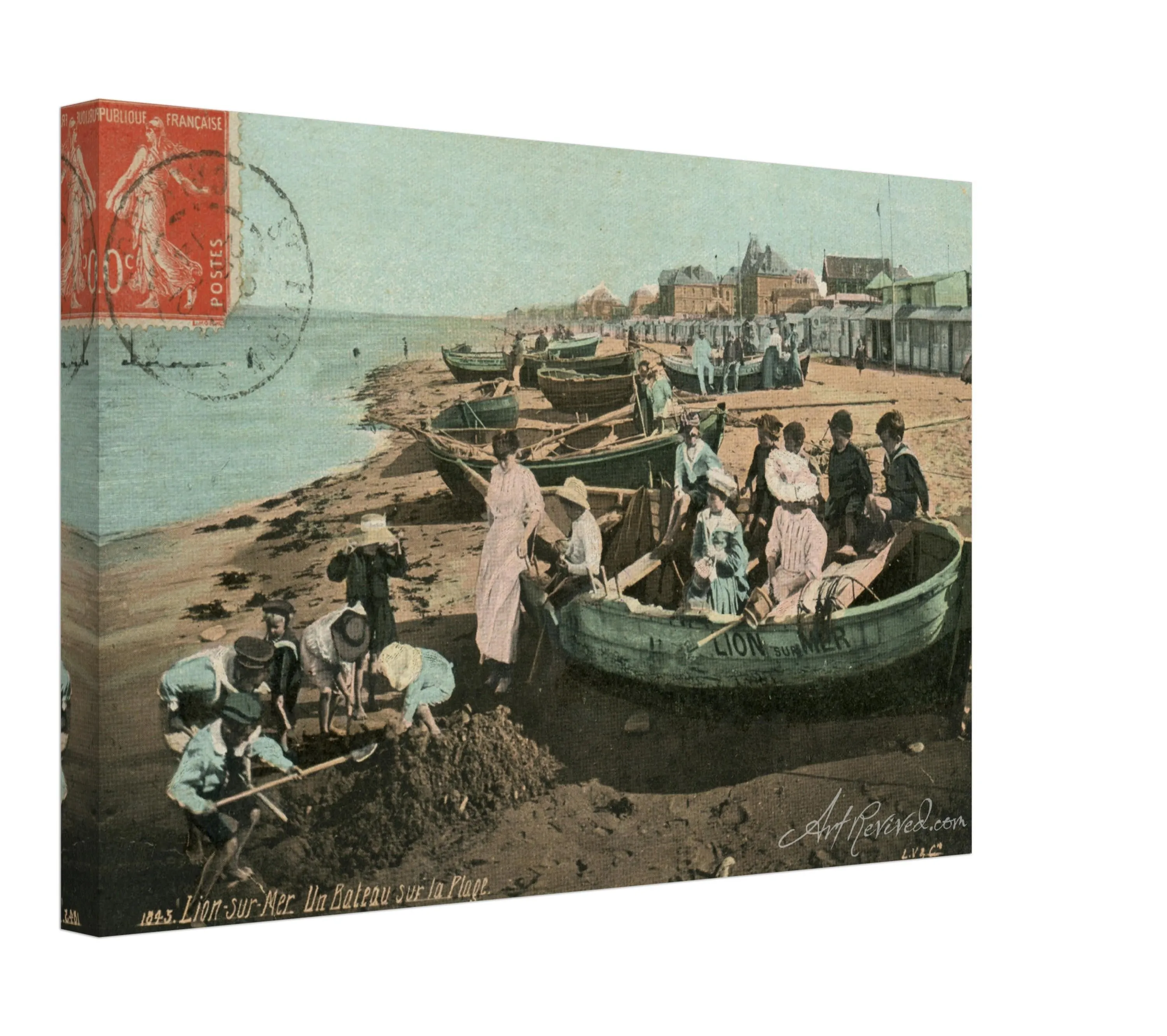 Vintage Wall Art Canvas - Lion-sur-Mer: Boat on the Beach (Mailed 02-25-1914)