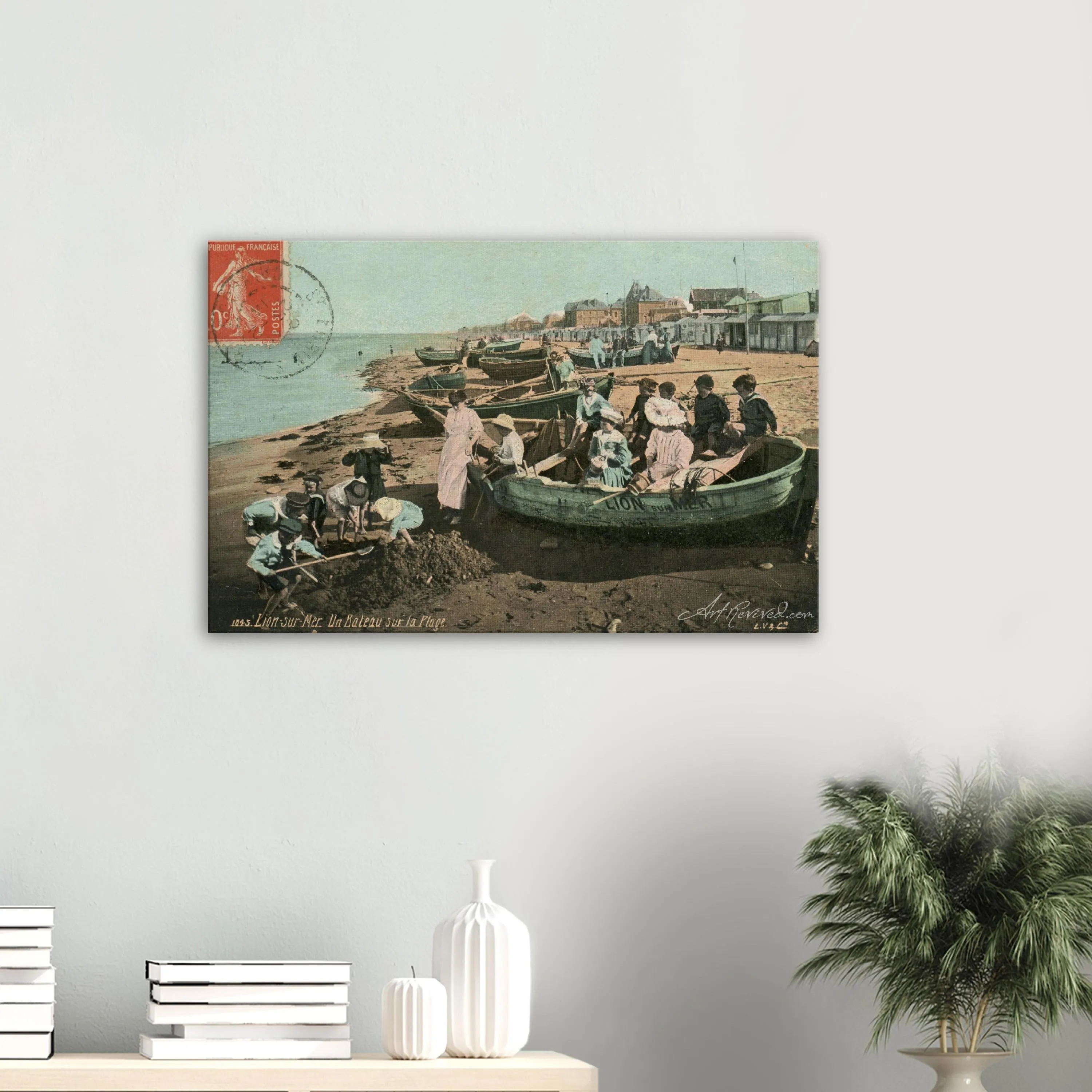 Vintage Wall Art Canvas - Lion-sur-Mer: Boat on the Beach (Mailed 02-25-1914)