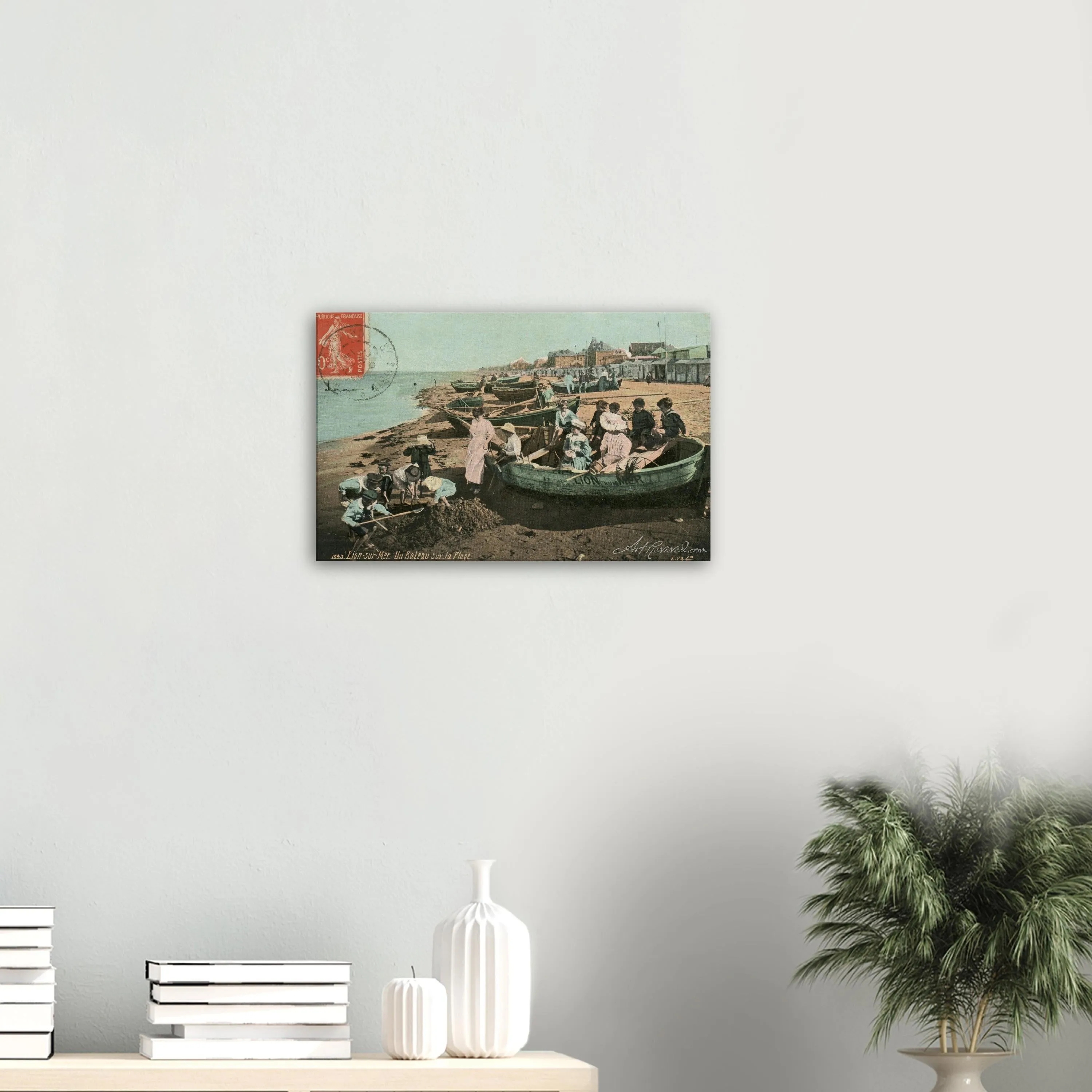 Vintage Wall Art Canvas - Lion-sur-Mer: Boat on the Beach (Mailed 02-25-1914)
