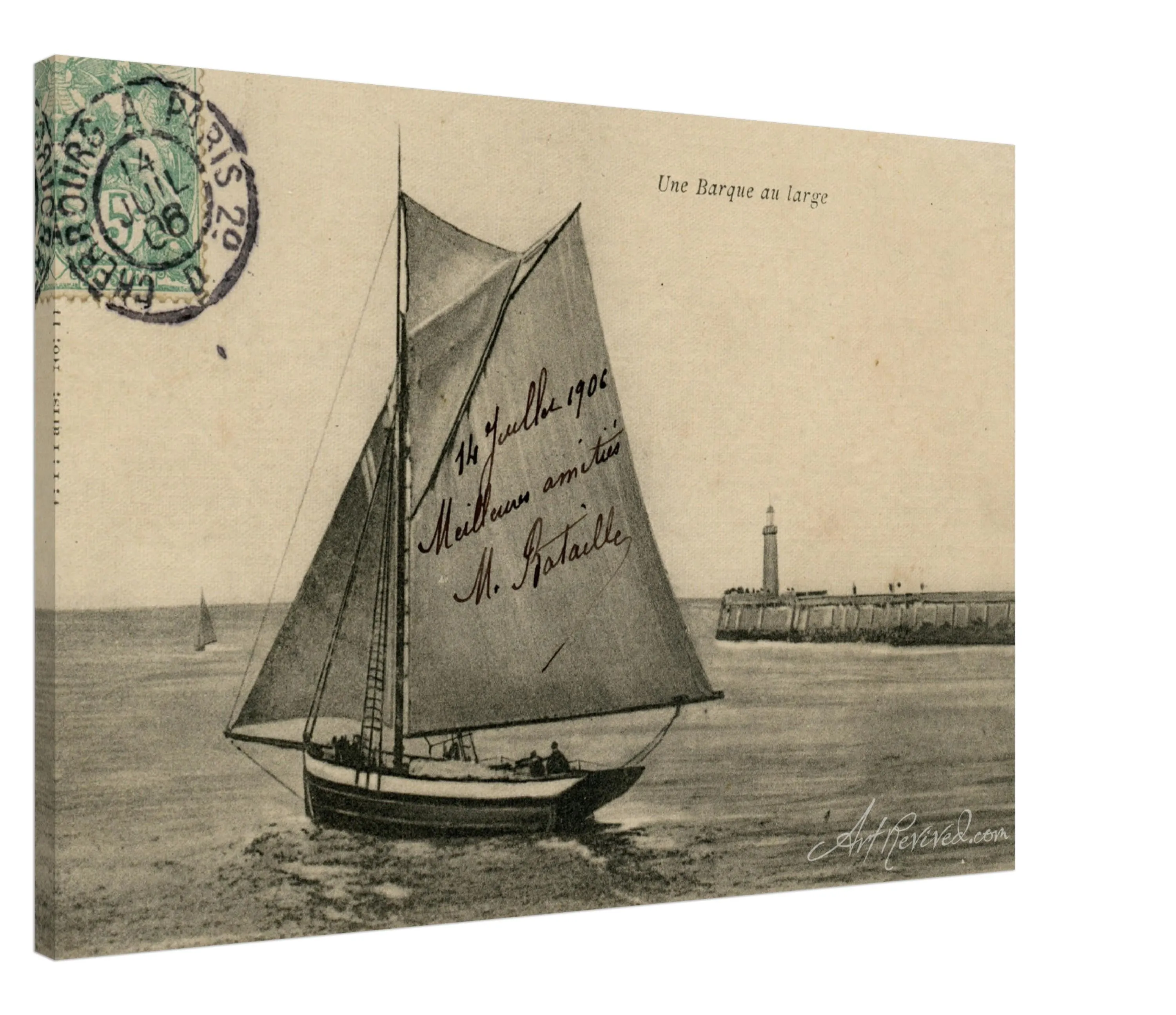 Vintage Wall Art Canvas - Small Boat off the Coast (Mailed 07-14-1906)