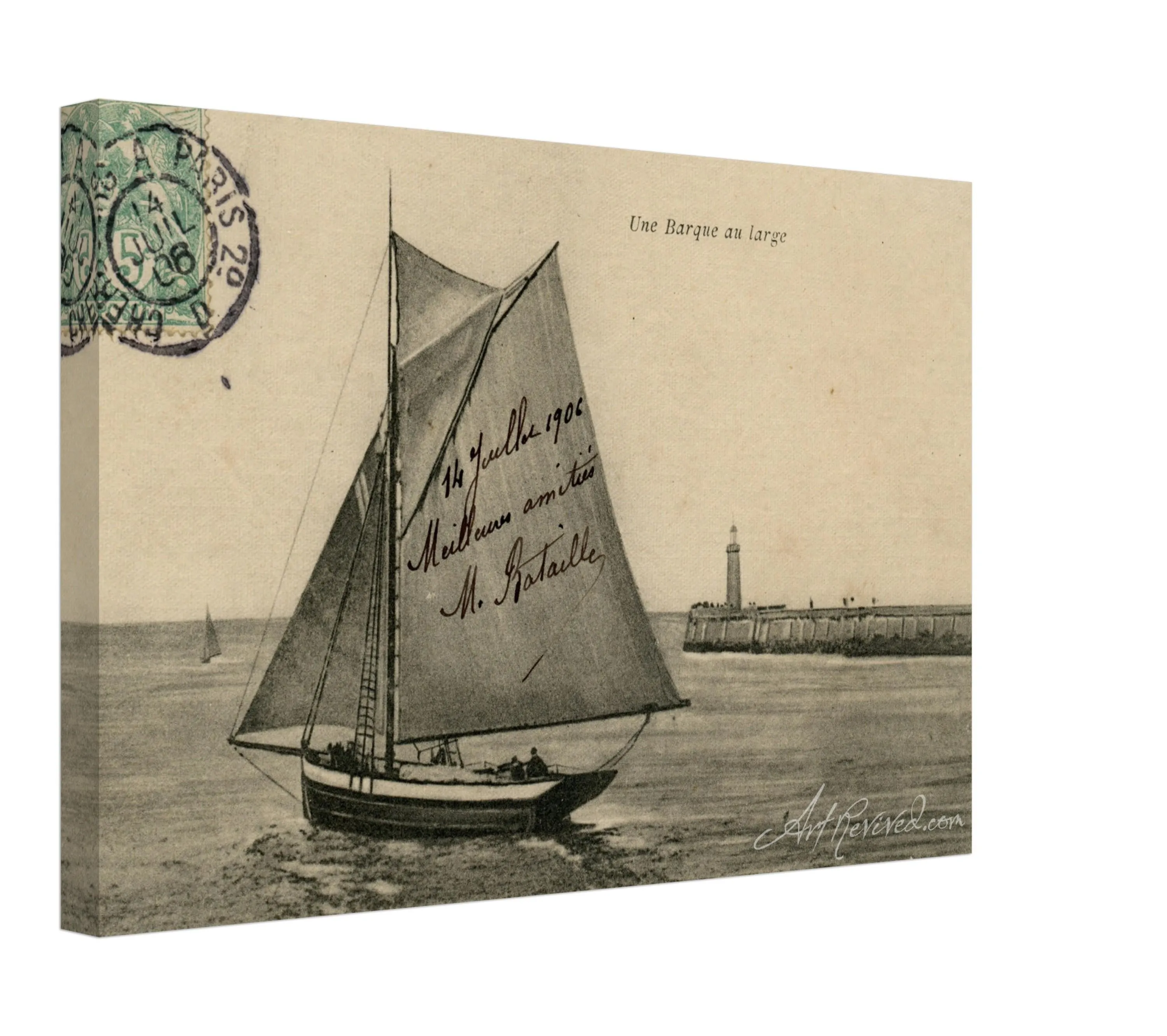 Vintage Wall Art Canvas - Small Boat off the Coast (Mailed 07-14-1906)