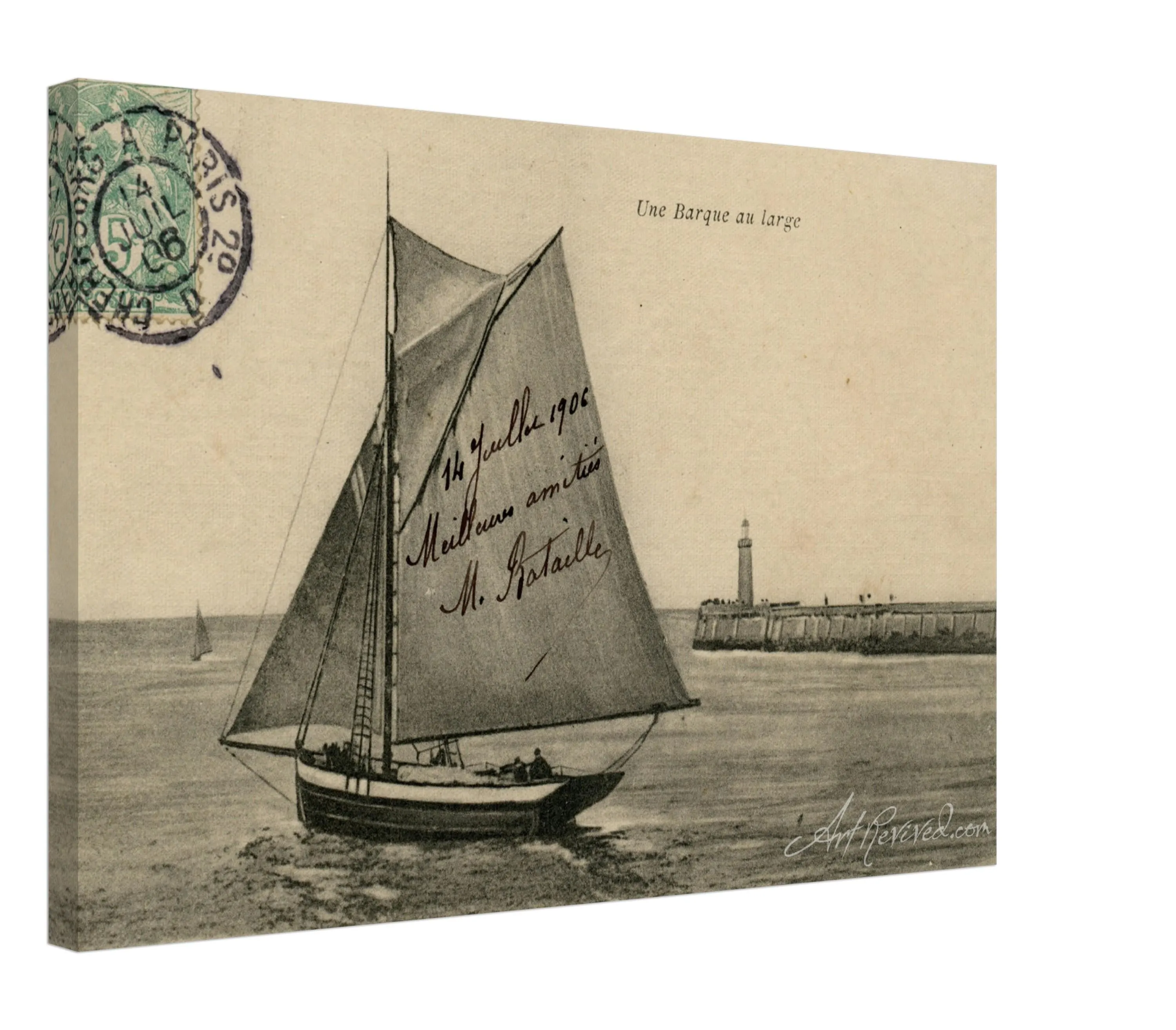 Vintage Wall Art Canvas - Small Boat off the Coast (Mailed 07-14-1906)