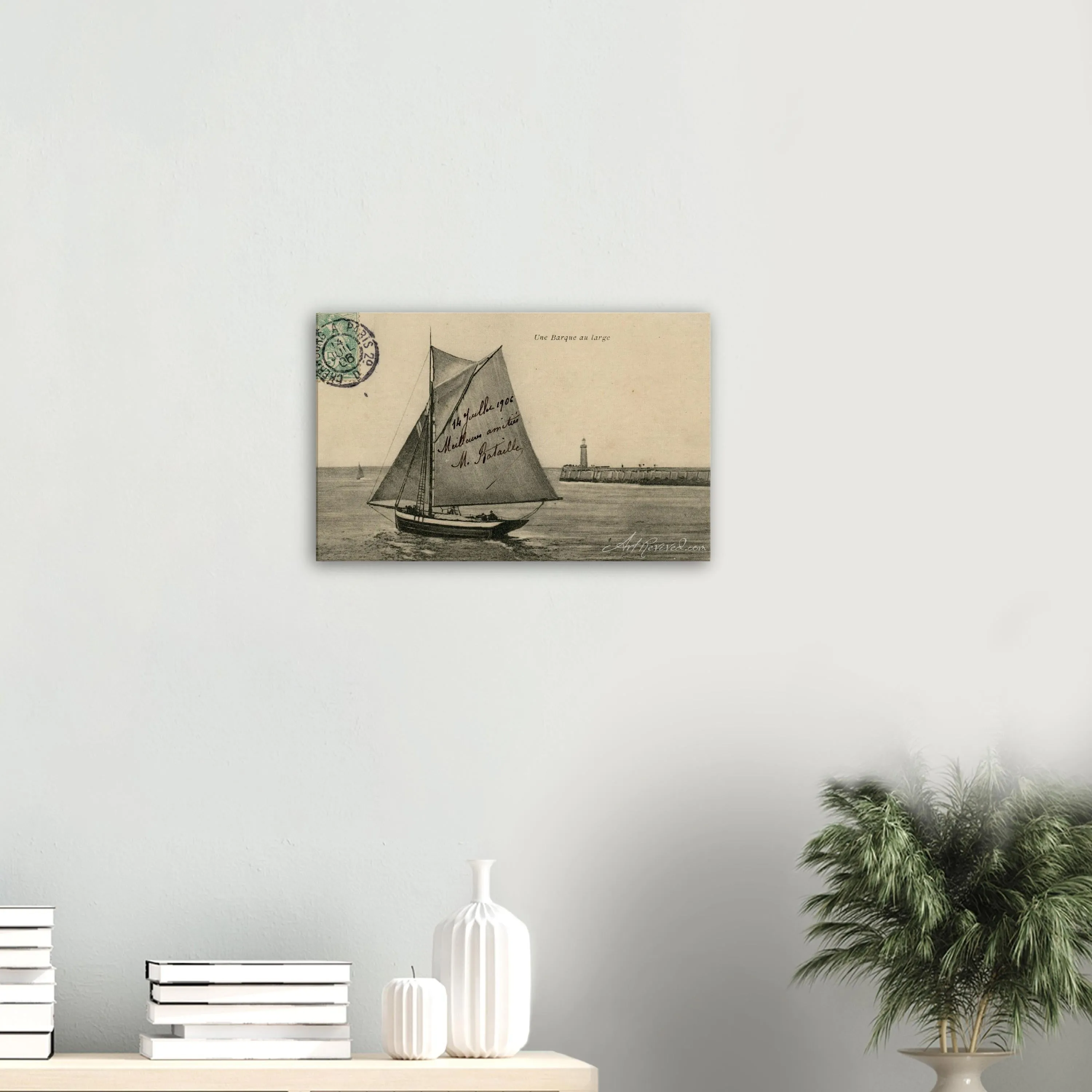 Vintage Wall Art Canvas - Small Boat off the Coast (Mailed 07-14-1906)