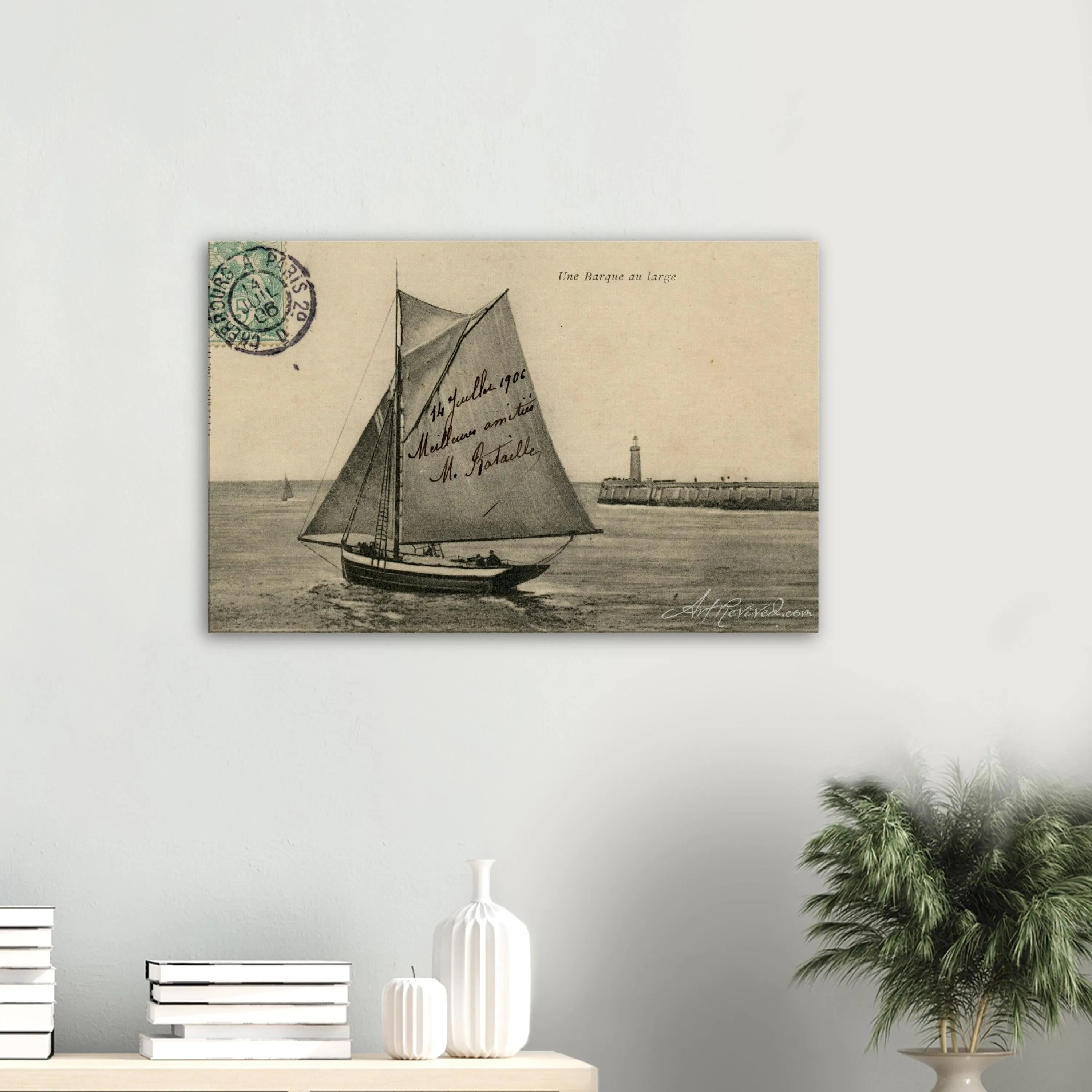 Vintage Wall Art Canvas - Small Boat off the Coast (Mailed 07-14-1906)