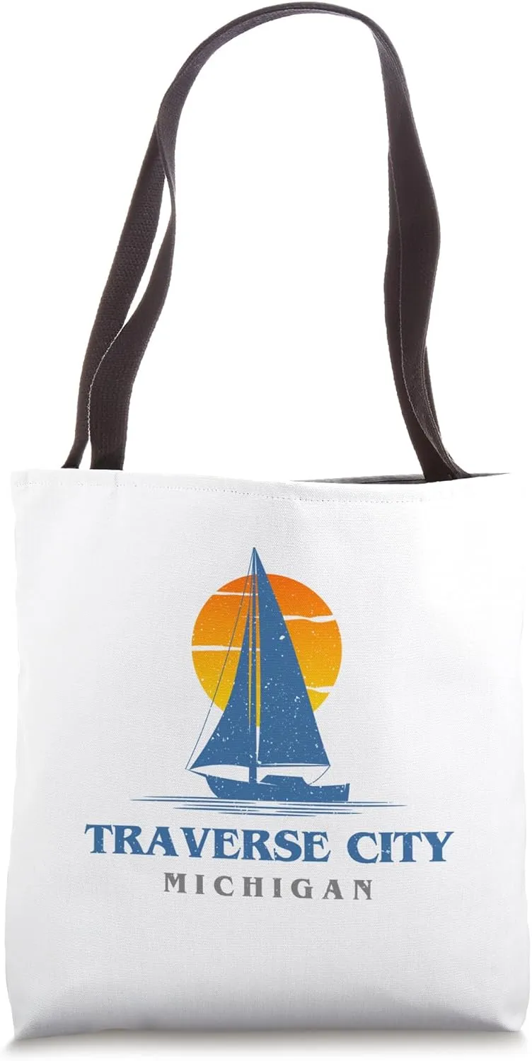 Vintage Yacht Sailboat Sunset Traverse City Michigan MI Tote Bag