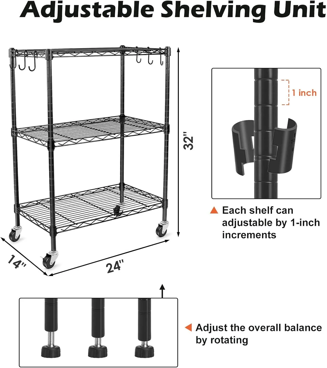 WDT 3-Tier Storage Shelves, Heavy Duty Metal Shelves Wire Rack Shelving Unit, Adjustable Shelf with Wheels for Home Office Garage Kitchen Bathroom, 24" D x 14" W x 32" H