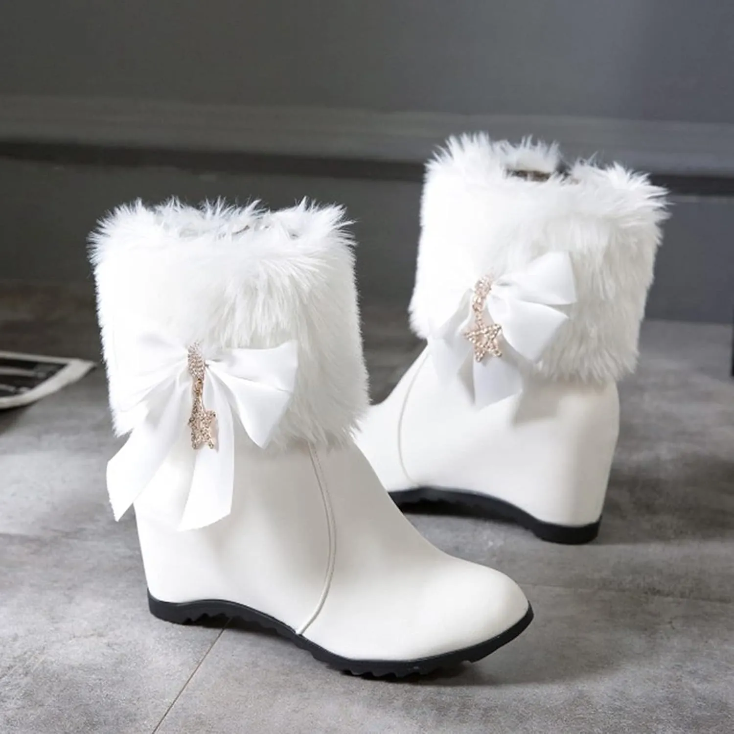 Winter Shoes Women Warm Furry Boots Fur Lined Winter Boots Comfortable Wedge Ankle Booties With Side Zipper