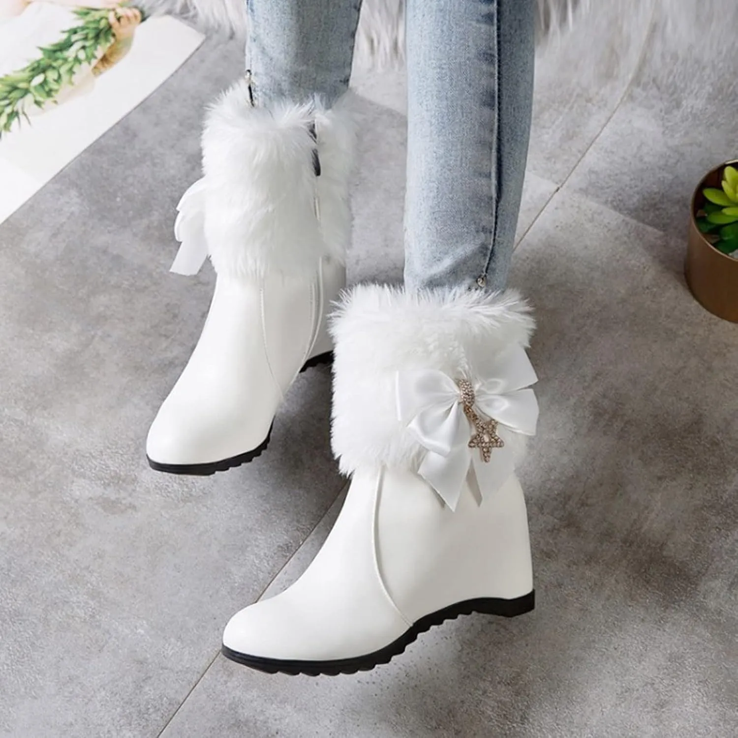 Winter Shoes Women Warm Furry Boots Fur Lined Winter Boots Comfortable Wedge Ankle Booties With Side Zipper