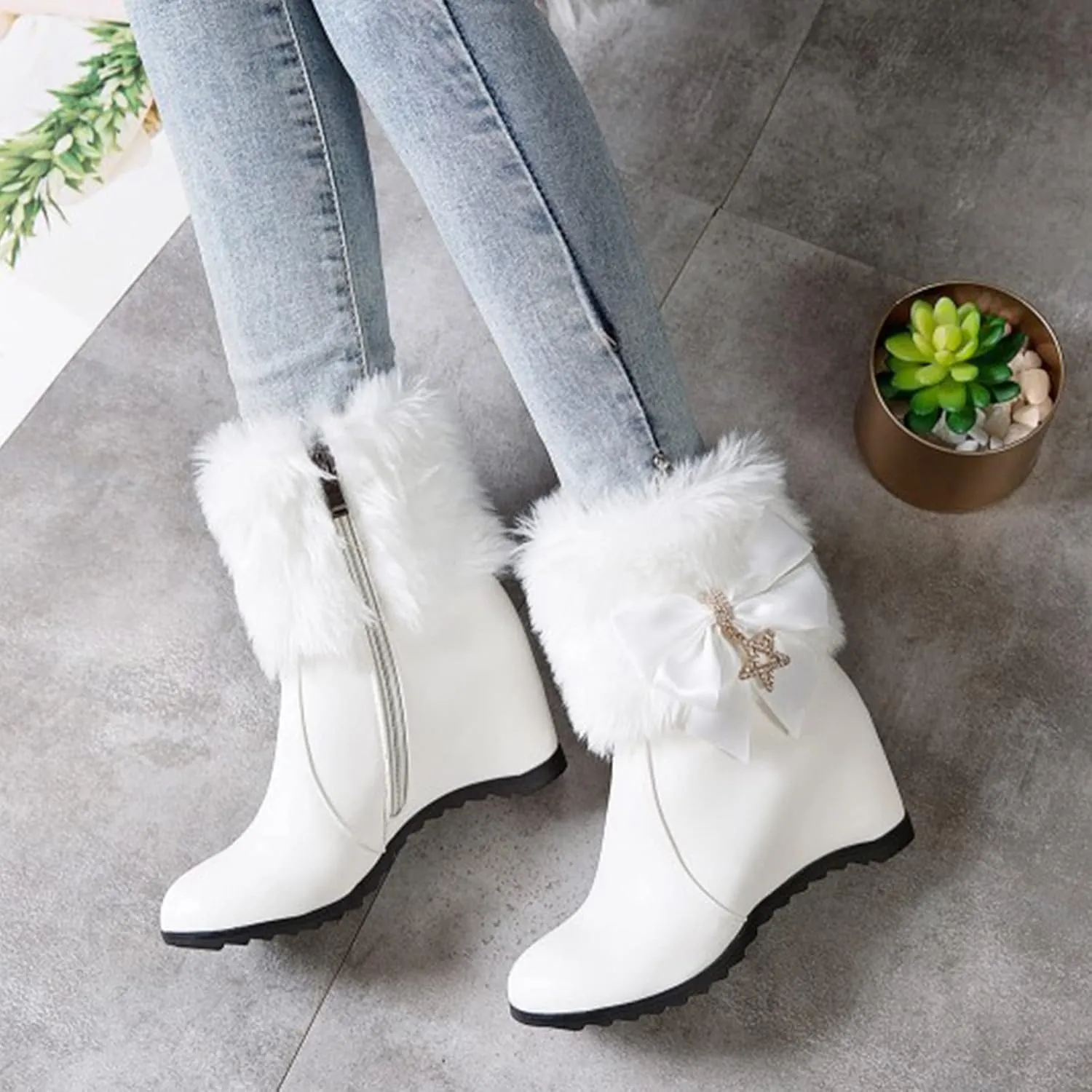 Winter Shoes Women Warm Furry Boots Fur Lined Winter Boots Comfortable Wedge Ankle Booties With Side Zipper