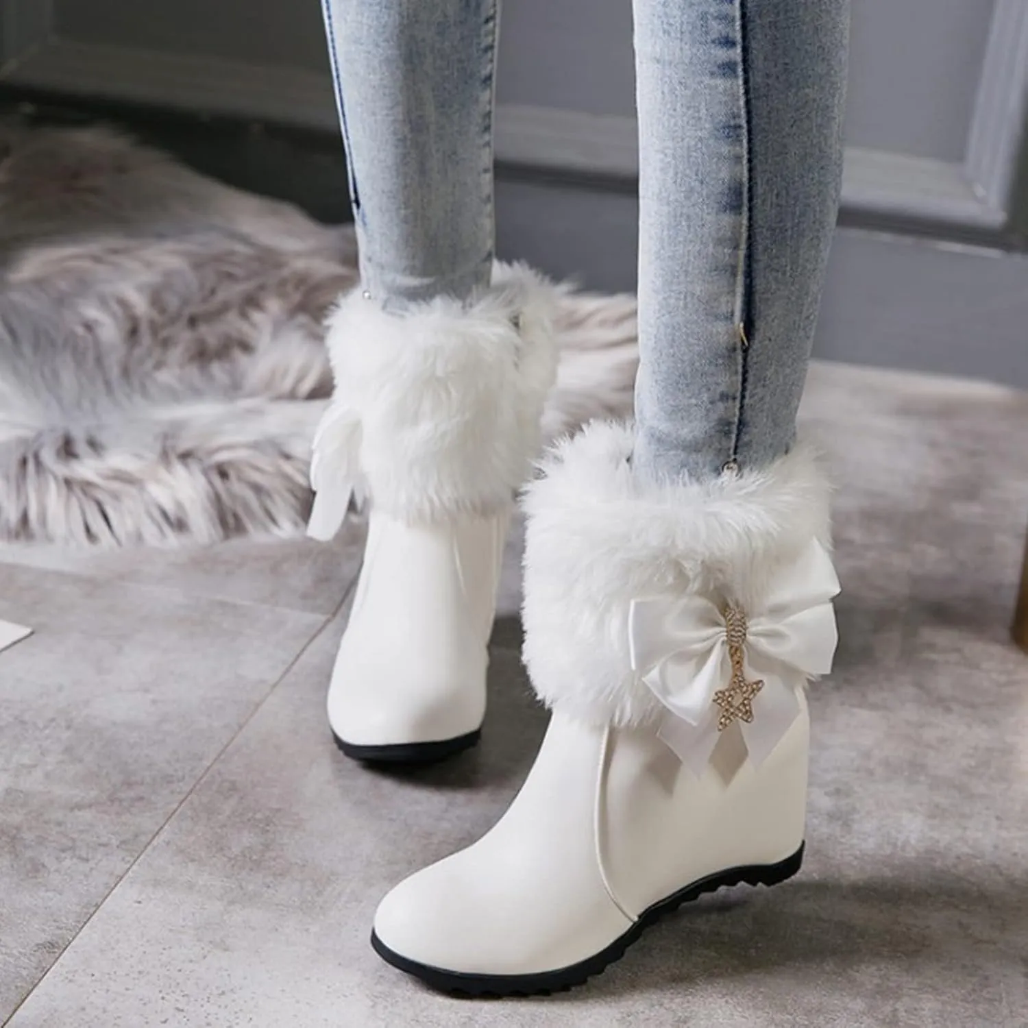 Winter Shoes Women Warm Furry Boots Fur Lined Winter Boots Comfortable Wedge Ankle Booties With Side Zipper