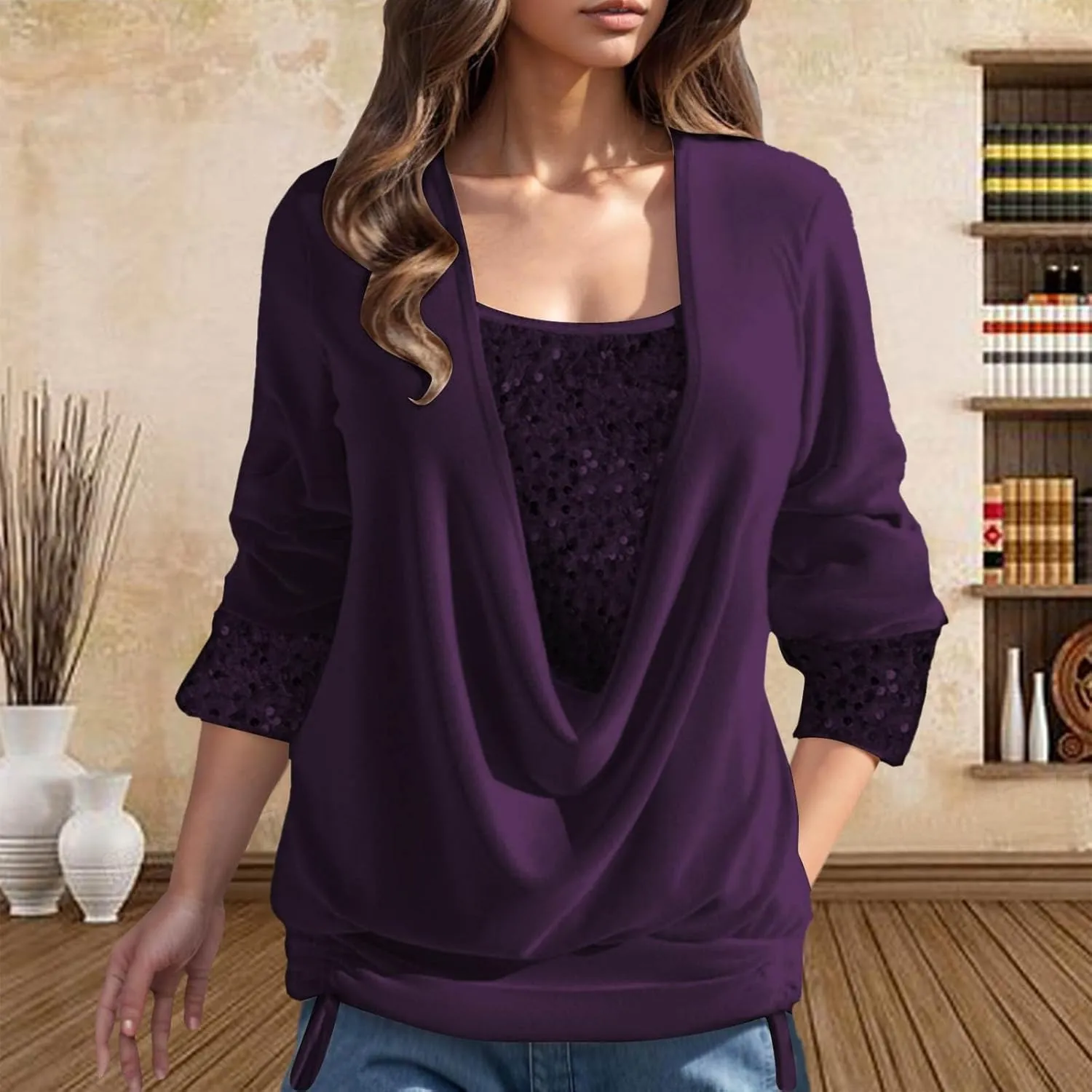 Women Sexy Sequin Shirts Boat Neck Solid Color Long Sleeve Flowy Shirts Winter Fashion Patchwork Pullover Tops