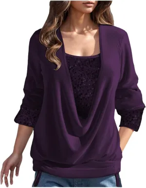 Women Sexy Sequin Shirts Boat Neck Solid Color Long Sleeve Flowy Shirts Winter Fashion Patchwork Pullover Tops