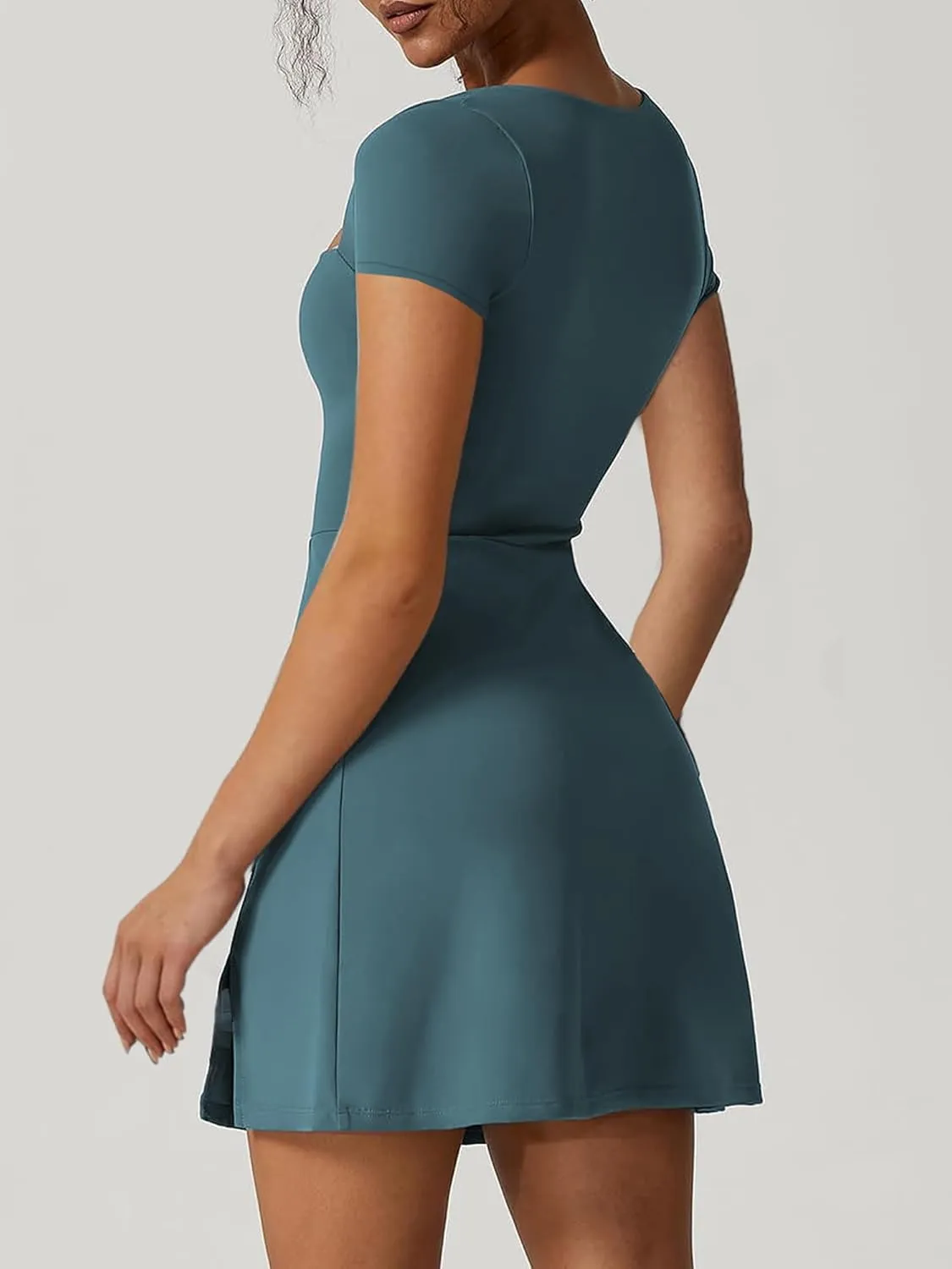 Women's Athletic Tennis Dress with Shorts Square Neck Short Sleeve Workout Golf Side Slit Casual Mini Dress