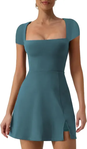 Women's Athletic Tennis Dress with Shorts Square Neck Short Sleeve Workout Golf Side Slit Casual Mini Dress