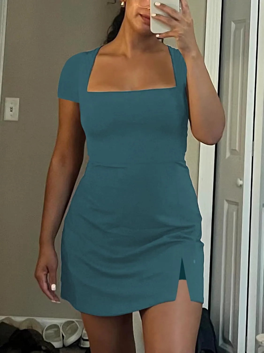 Women's Athletic Tennis Dress with Shorts Square Neck Short Sleeve Workout Golf Side Slit Casual Mini Dress