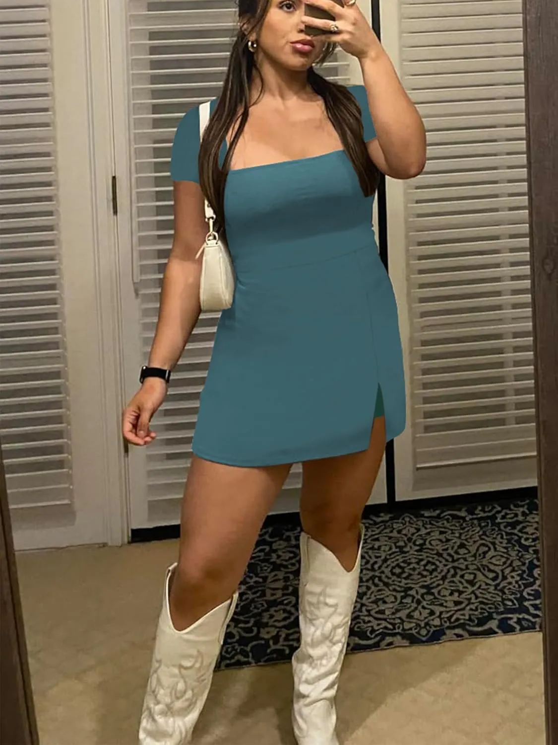 Women's Athletic Tennis Dress with Shorts Square Neck Short Sleeve Workout Golf Side Slit Casual Mini Dress