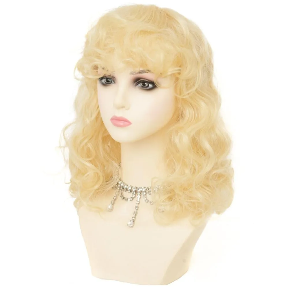 Womens Blonde Short Curly Wig Shoulder Lenght Anime Wavy Hair Wig with Bangs Highlight Heat Resistant Cosplay Costume Halloween Wig