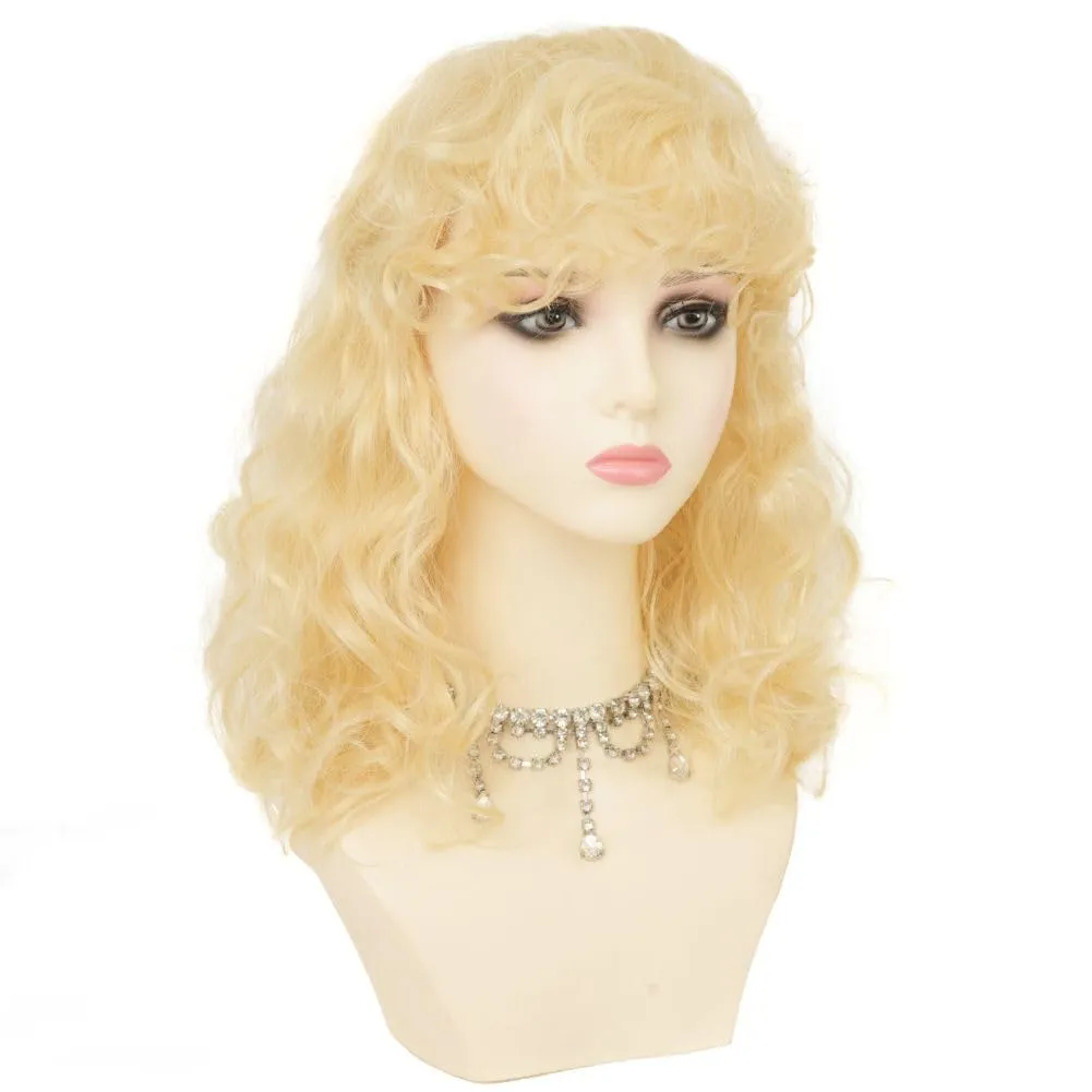 Womens Blonde Short Curly Wig Shoulder Lenght Anime Wavy Hair Wig with Bangs Highlight Heat Resistant Cosplay Costume Halloween Wig