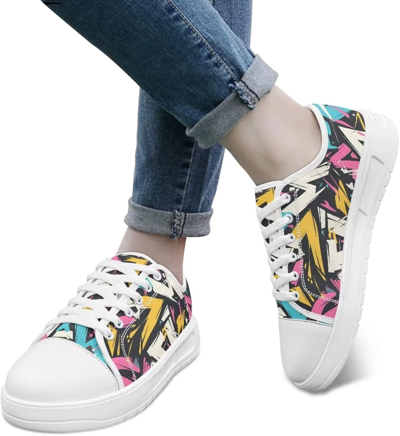 Women's Canvas Casual Shoes Comfortable Walking Sneakers Classic Laces Up Anti-Slip Shoe Size 6-13.5 White Sole