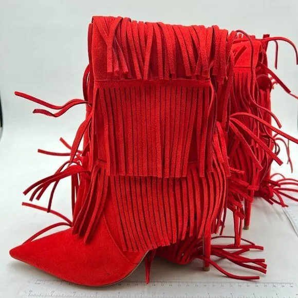 Womens Fringe Tassel Stiletto Boots Faux Suede Moccasin High Heel Red