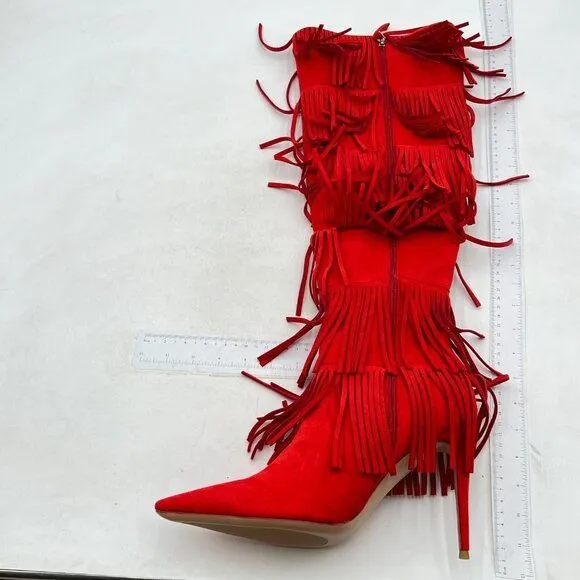 Womens Fringe Tassel Stiletto Boots Faux Suede Moccasin High Heel Red