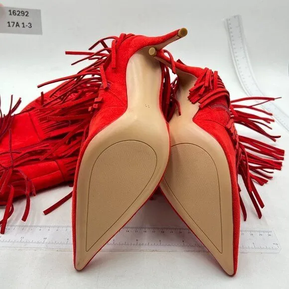 Womens Fringe Tassel Stiletto Boots Faux Suede Moccasin High Heel Red