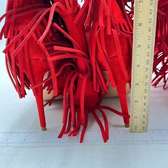 Womens Fringe Tassel Stiletto Boots Faux Suede Moccasin High Heel Red