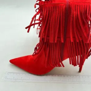 Womens Fringe Tassel Stiletto Boots Faux Suede Moccasin High Heel Red