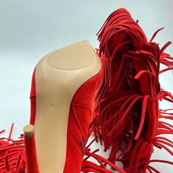 Womens Fringe Tassel Stiletto Boots Faux Suede Moccasin High Heel Red