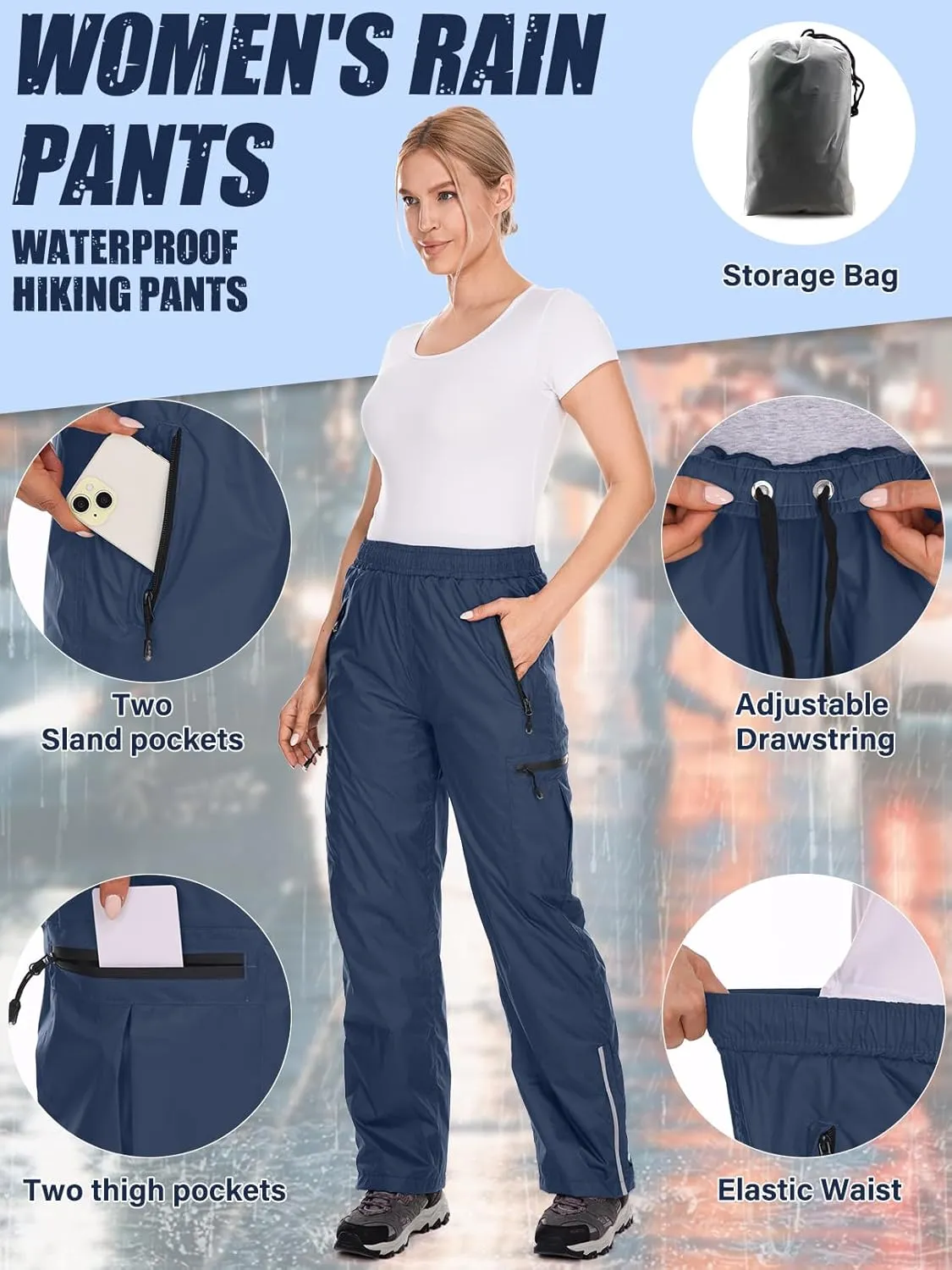 Women's Rain Pants Waterproof Hiking Pants Windproof Lightweight Over Pants Outdoor for Golf Fishing Cycling #2089