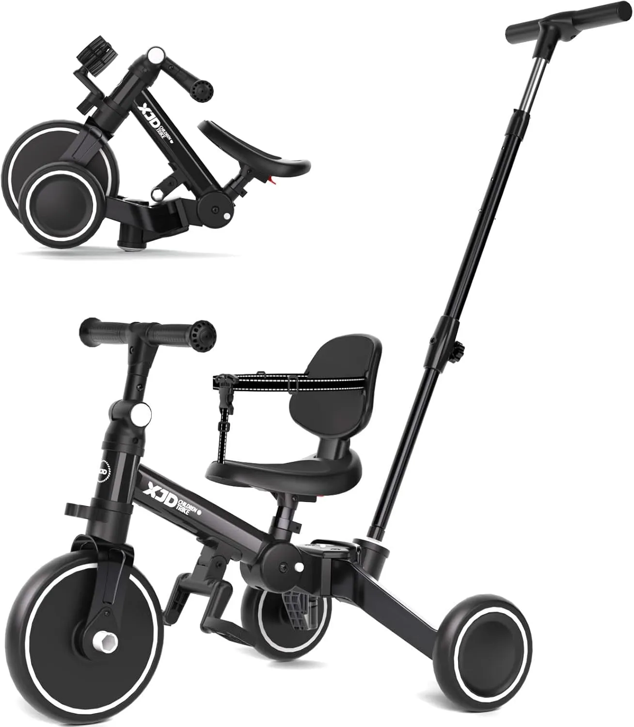 XJD Toddler Bike, 6 in 1 Folding Toddler Tricycle for 1-4 Year Old with Push Handle, Balance Bike with Removable Pedal,Backrest, Adjustable Seat Height and Handle, First Birthday Gifts (Black)