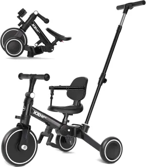 XJD Toddler Bike, 6 in 1 Folding Toddler Tricycle for 1-4 Year Old with Push Handle, Balance Bike with Removable Pedal,Backrest, Adjustable Seat Height and Handle, First Birthday Gifts (Black)