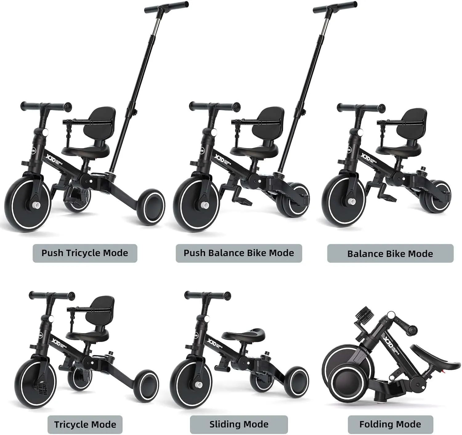 XJD Toddler Bike, 6 in 1 Folding Toddler Tricycle for 1-4 Year Old with Push Handle, Balance Bike with Removable Pedal,Backrest, Adjustable Seat Height and Handle, First Birthday Gifts (Black)