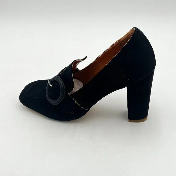 YDN Black Chunky High Heels Square Toe Loafer Shoes Slip On Suede Buckle Pump