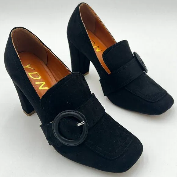 YDN Black Chunky High Heels Square Toe Loafer Shoes Slip On Suede Buckle Pump