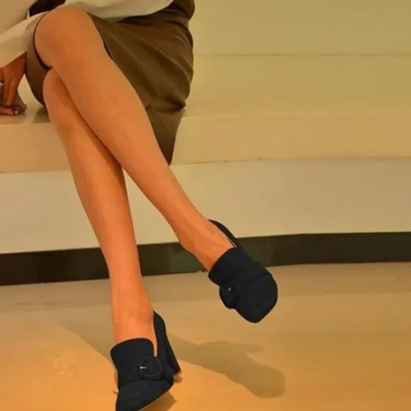 YDN Black Chunky High Heels Square Toe Loafer Shoes Slip On Suede Buckle Pump