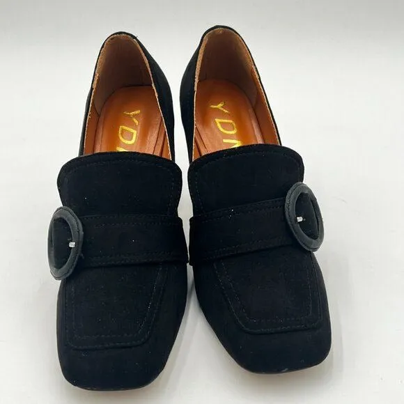YDN Black Chunky High Heels Square Toe Loafer Shoes Slip On Suede Buckle Pump