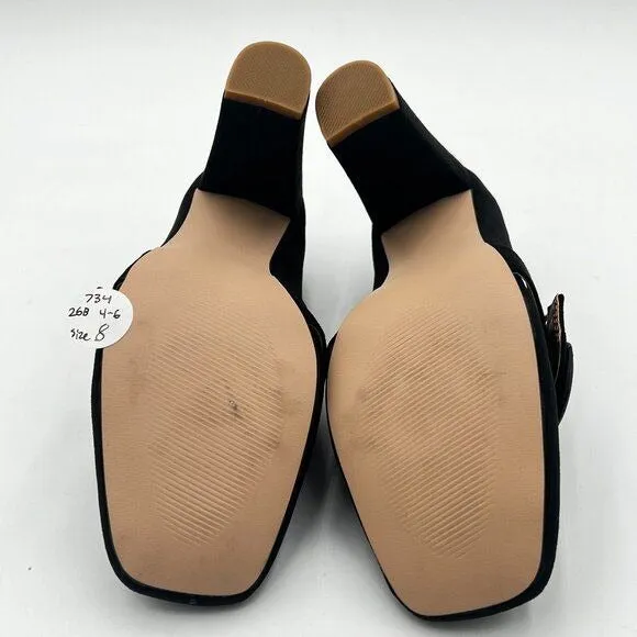 YDN Black Chunky High Heels Square Toe Loafer Shoes Slip On Suede Buckle Pump