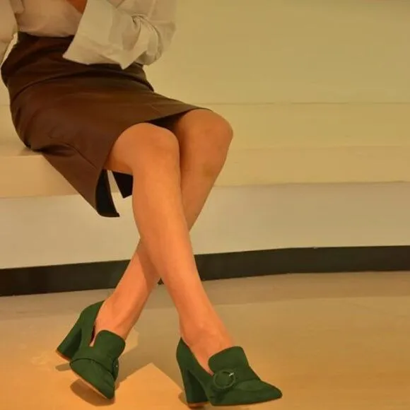YDN Olive Chunky High Heels Square Toe Loafer Shoes Slip On Suede Buckle Pump