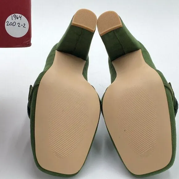 YDN Olive Chunky High Heels Square Toe Loafer Shoes Slip On Suede Buckle Pump