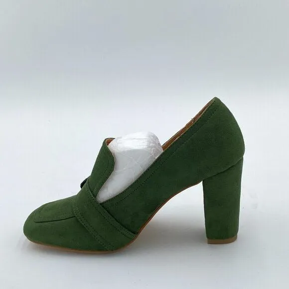 YDN Olive Chunky High Heels Square Toe Loafer Shoes Slip On Suede Buckle Pump