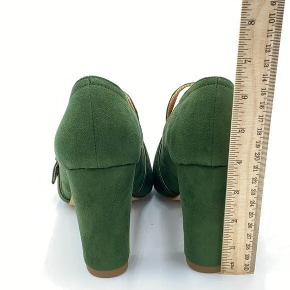 YDN Olive Chunky High Heels Square Toe Loafer Shoes Slip On Suede Buckle Pump