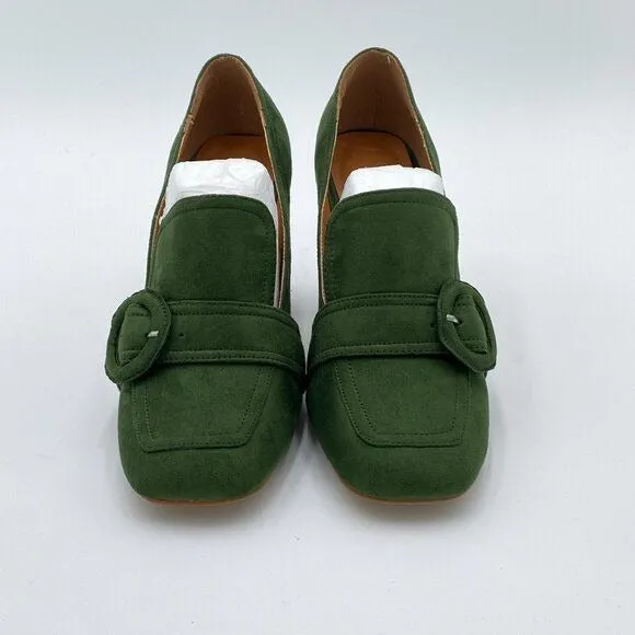 YDN Olive Chunky High Heels Square Toe Loafer Shoes Slip On Suede Buckle Pump